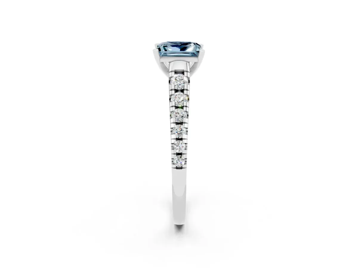 Princess Cut Aquamarine Cathedral Solitaire Ring with Round Pavé Band Silver