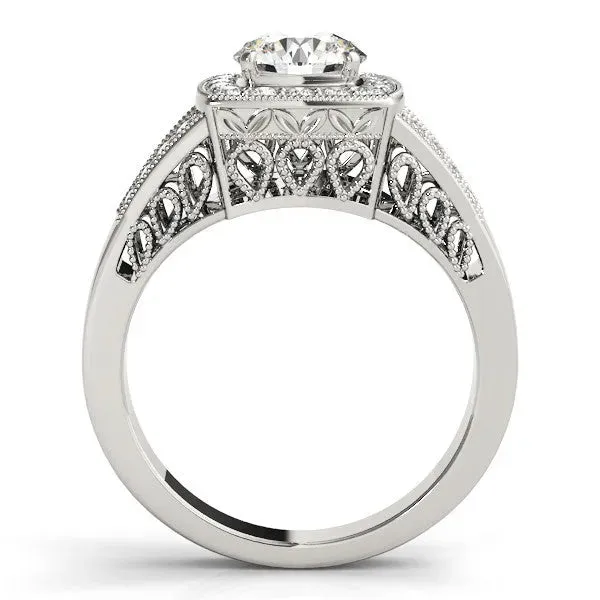 Round Cut Halo Split Shank Diamond Ring with Milgrain Prong Setting Platinum