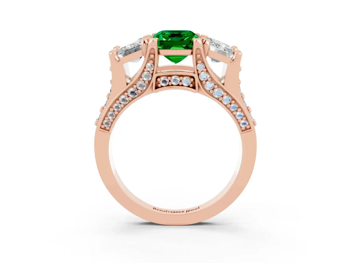 Emerald Cut Emerald Three-Stone Ring with Channel Set Band and Four-Prong Setting Rose gold