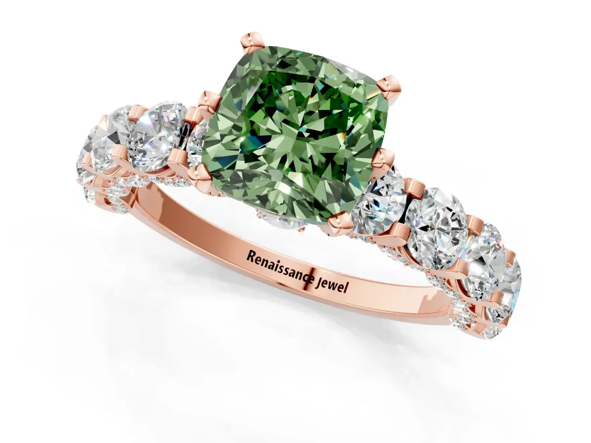 Fancy Green Cushion Cut Diamond Side Stone Engagement Ring with Four-Prong Setting Rose gold