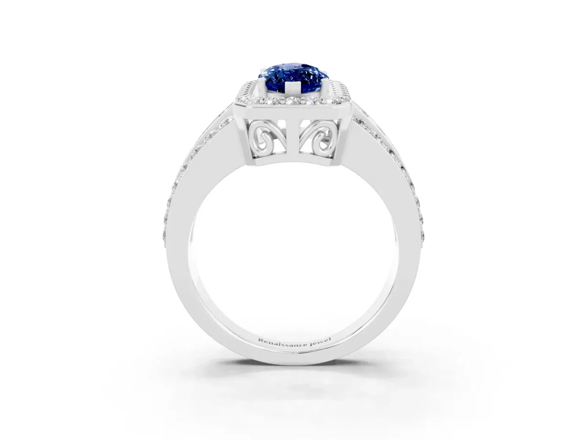 Marquise Cut Halo Blue Sapphire Ring with Round Split Shank and Prong Setting Silver