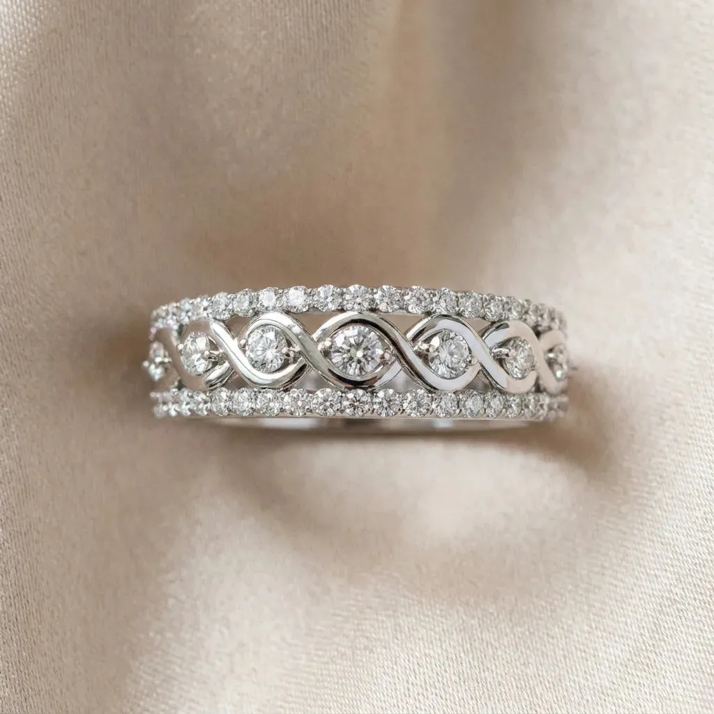 Round Brilliant Diamond Infinity Twist Pave Band with Prong Setting Platinum
