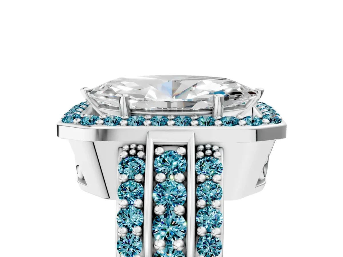 Marquise Cut Halo Diamond Ring with Round Blue Topaz Split Shank and Prong Setting Silver
