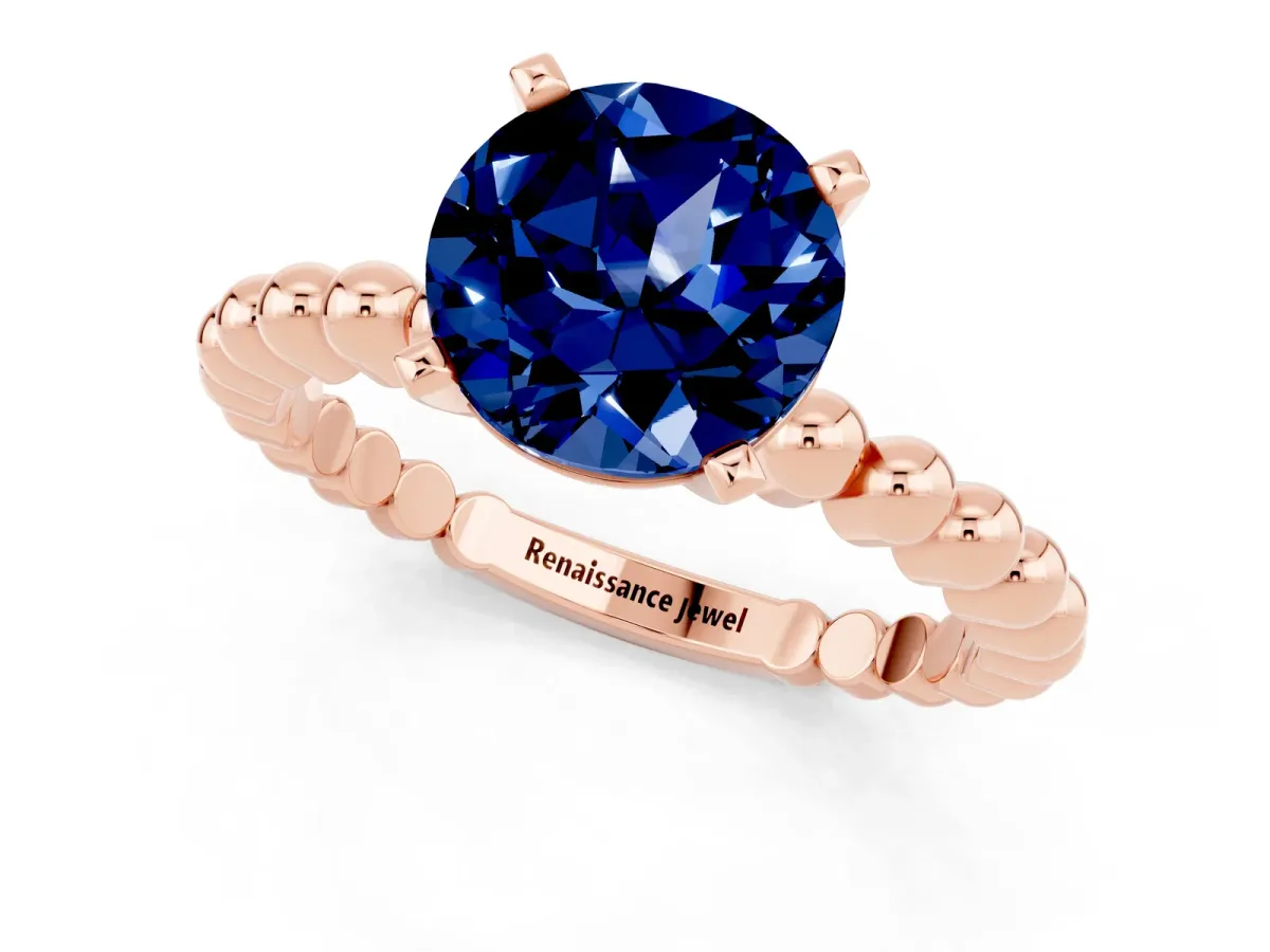 Round Cut Blue Sapphire Solitaire Ring with Beaded Band and Prong Setting Rose gold