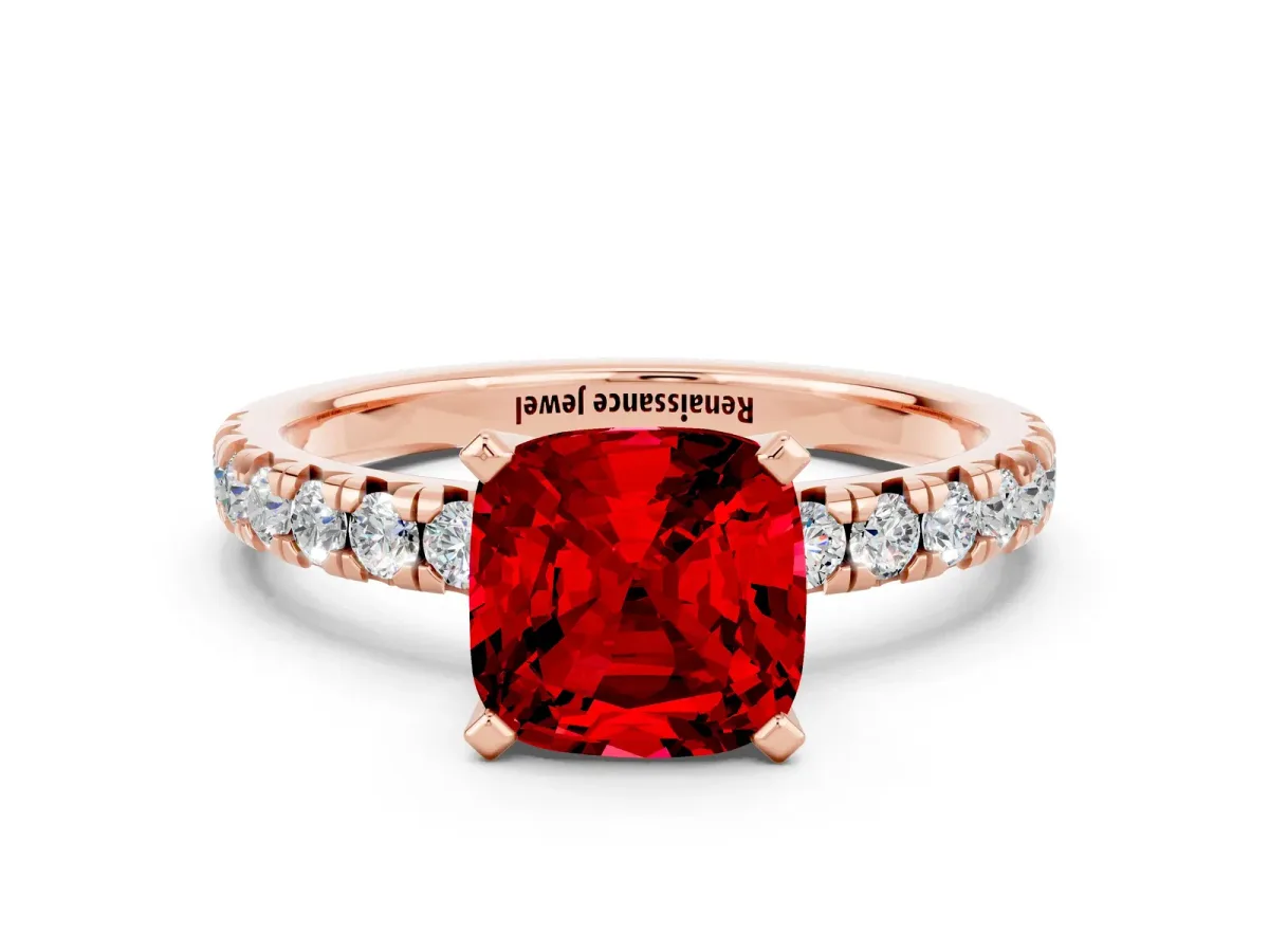 Cushion Cut Ruby Solitaire Pavé Engagement Ring with Round Band and Prong Setting Rose gold