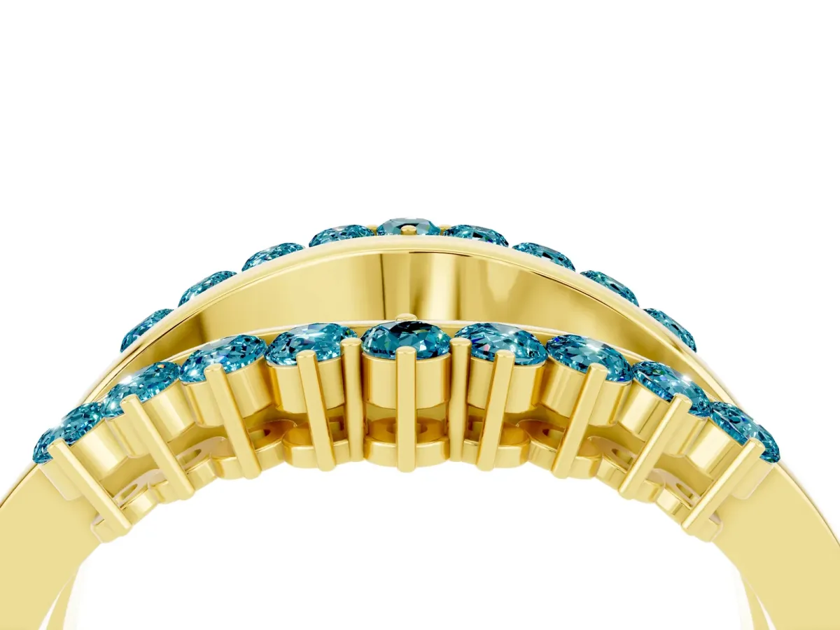 Round Blue Topaz Chevron Contour Band with Prong Setting Yellow gold