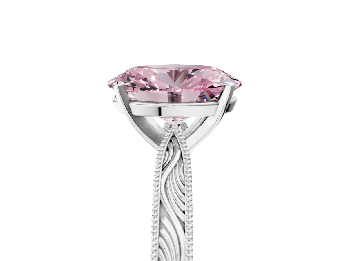Fancy Pink Oval Cut Solitaire Milgrain Engraved Band with Four-Prong Setting White gold