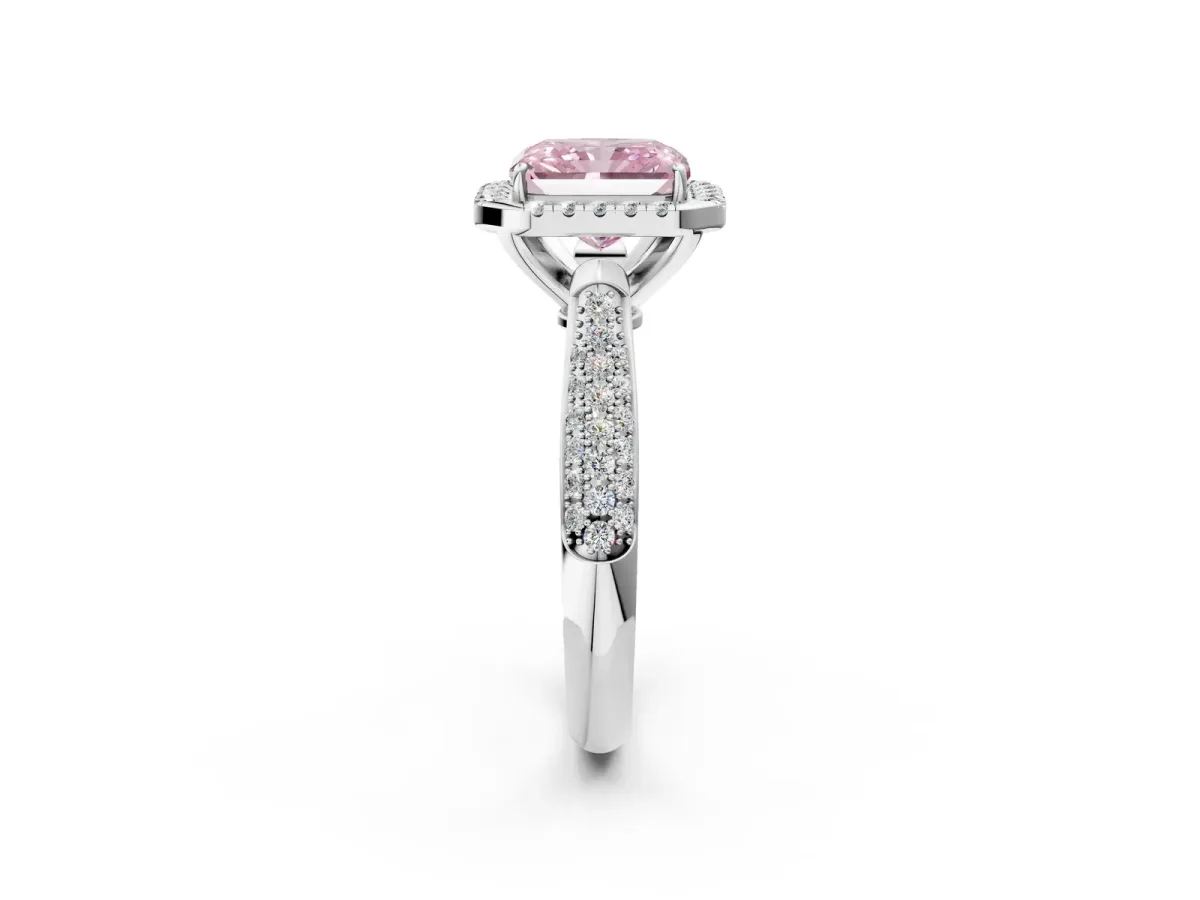 Fancy Pink Radiant Cut Halo Diamond Ring with Pavé Band Platinum