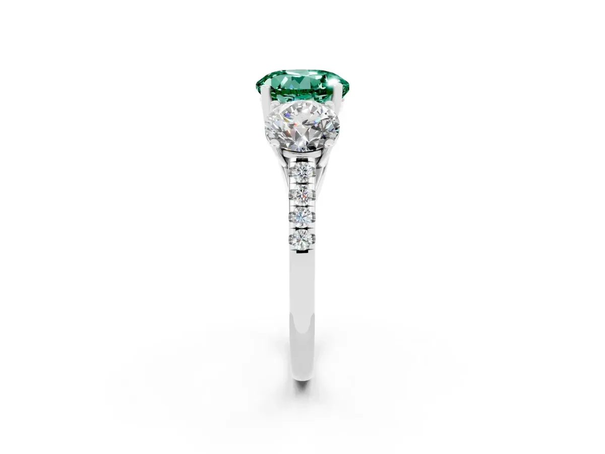 Three-Stone Round Cut Green Sapphire Ring with Round Pavé Band and Prong Setting Silver