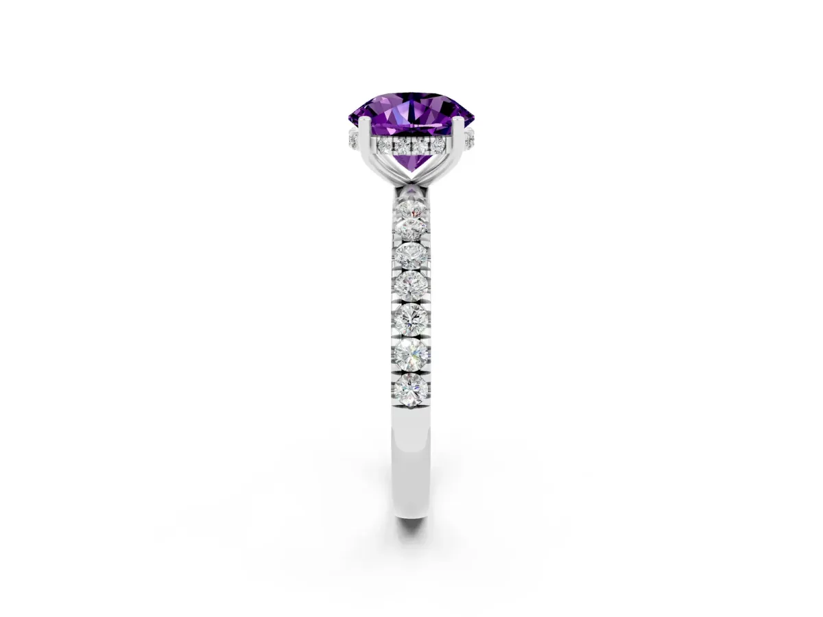 Round Cut Amethyst Pave Band Solitaire Ring with Round and Prong Setting Silver
