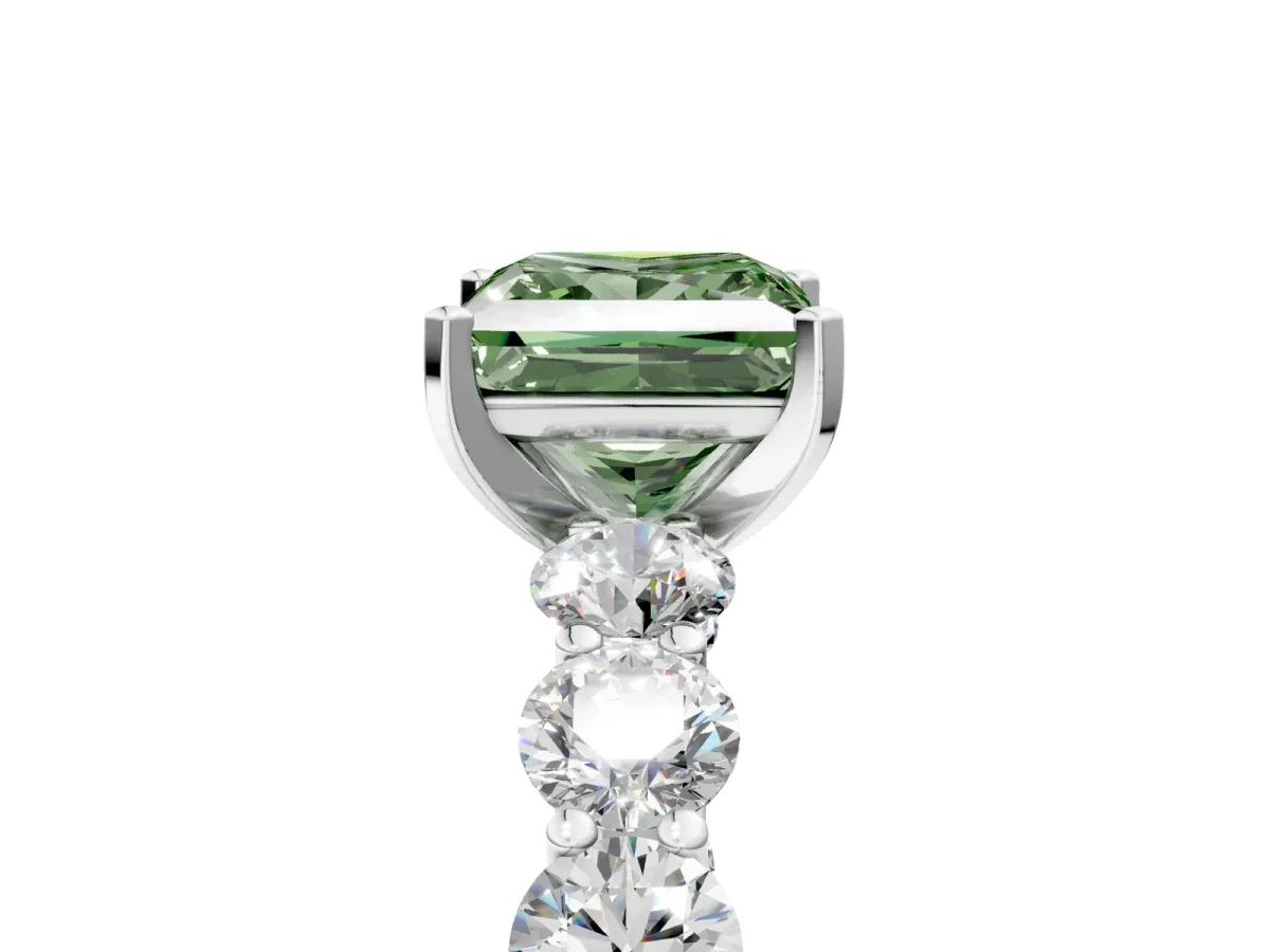Fancy Green Princess Cut Diamond Prong Setting with Side Stones on a Pave Band Silver