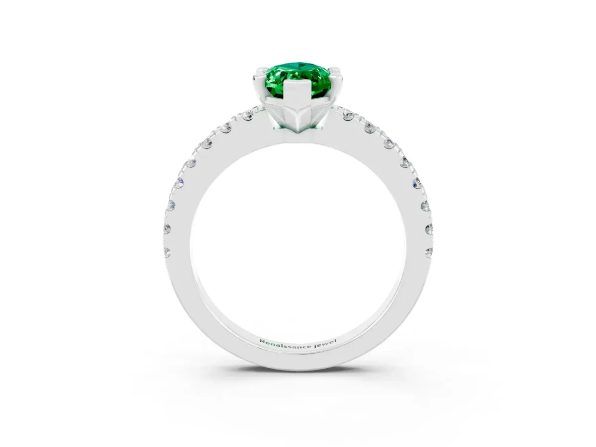 Marquise Cut Solitaire Emerald with Pavé Band and Four-Prong Setting Silver