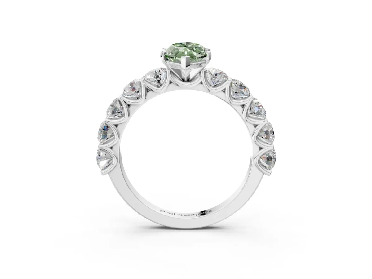 Fancy Green Marquise Cut Diamond Prong Setting with Side Stones on a Pave Band Silver