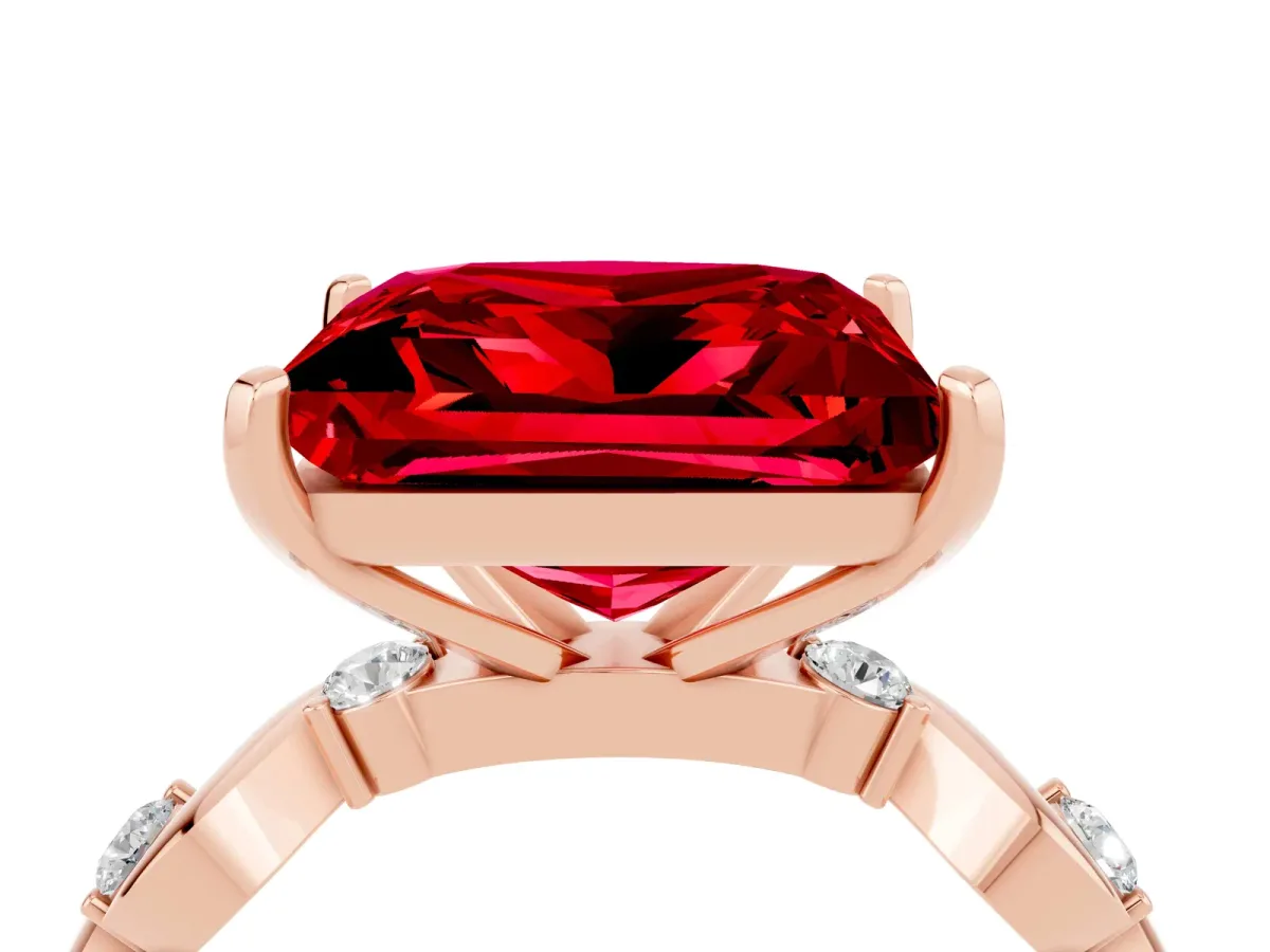 Princess Cut Ruby Solitaire Twisted Band with Round Accents and Prong Setting Rose gold