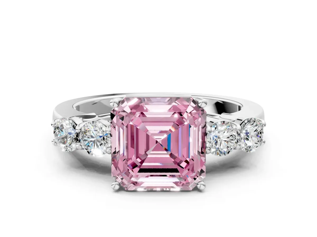 Fancy Pink Asscher Cut Cut Diamond Five-Stone Prong Set White Gold Ring Platinum