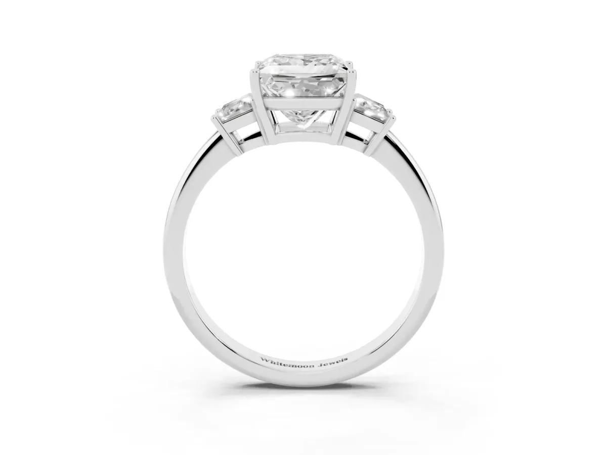 Princess Cut Diamond Three-Stone Ring with Trapezoid Side Stones and Prong Setting Platinum