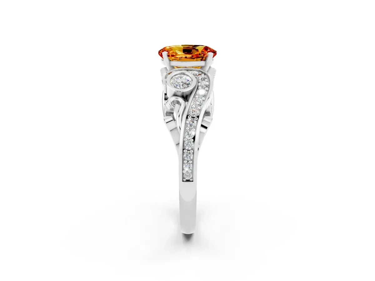 Oval Cut Citrine Solitaire Ring with Milgrain Pavé Band and Four-Prong Setting Silver