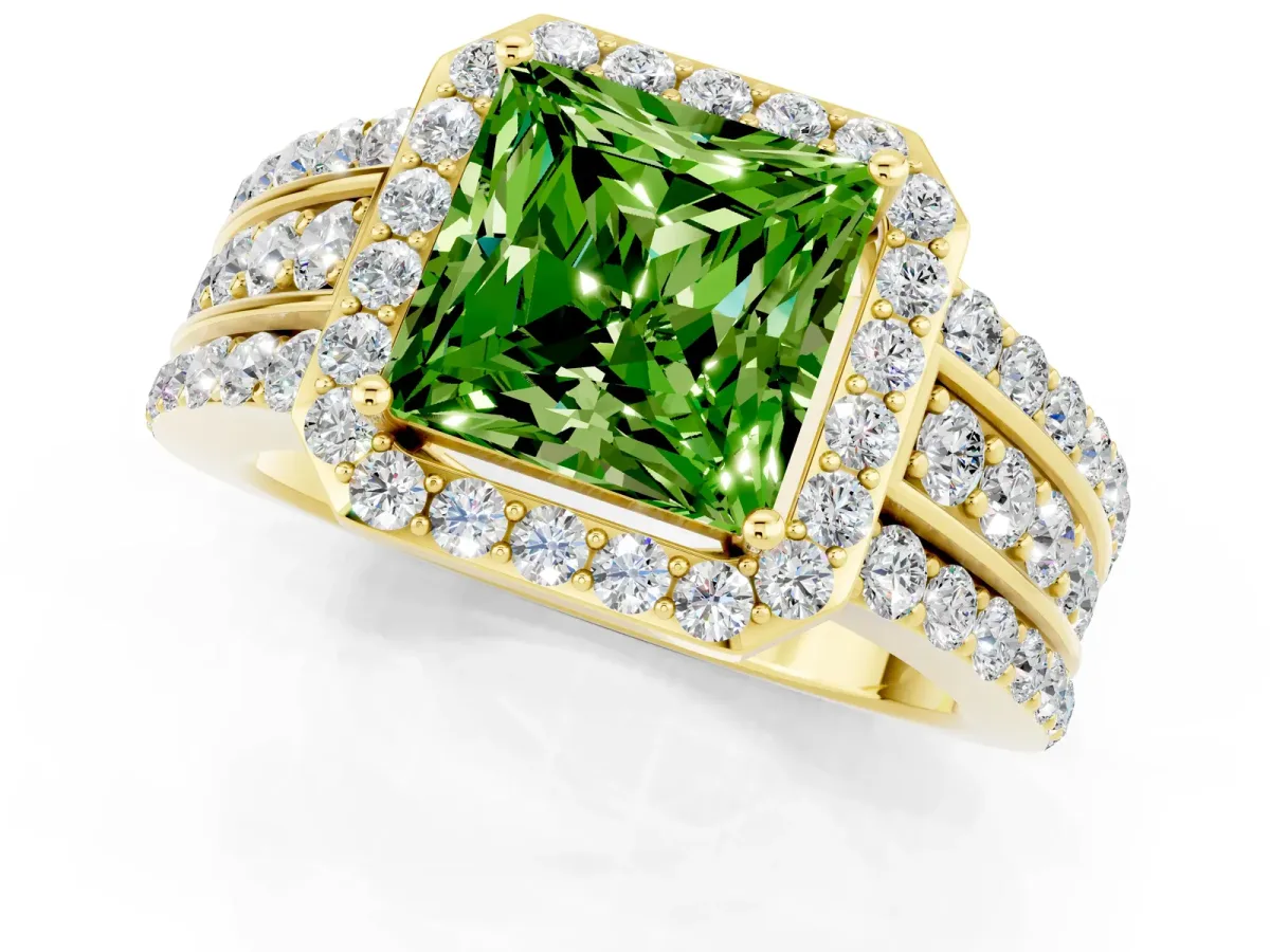 Princess Cut Halo Peridot Ring with Round Split Shank and Prong Setting Yellow gold