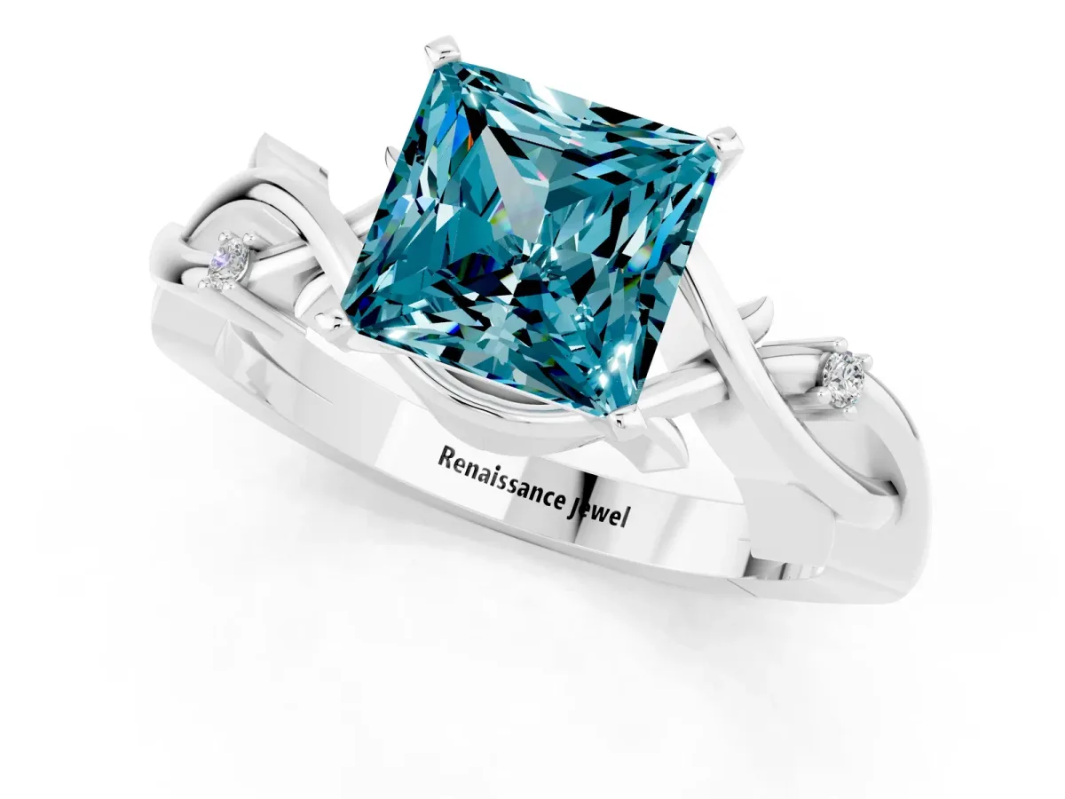 Princess Cut Blue Topaz Solitaire Ring with Twisted Band and Prong Setting Silver