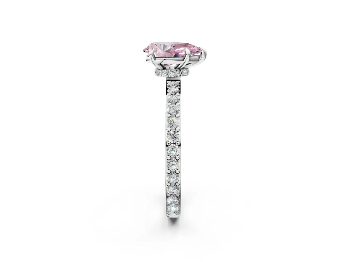 Fancy Pink Pear Cut Diamond Solitaire Engagement Ring with Pavé Band and Four-Prong Setting Silver