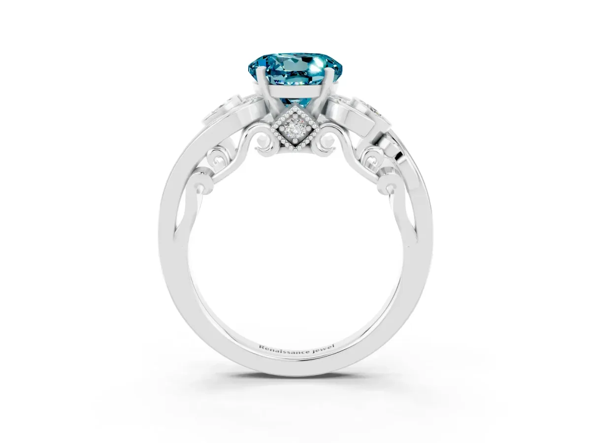 Round Cut Blue Topaz Solitaire Ring with Milgrain Pavé Band and Four-Prong Setting Silver