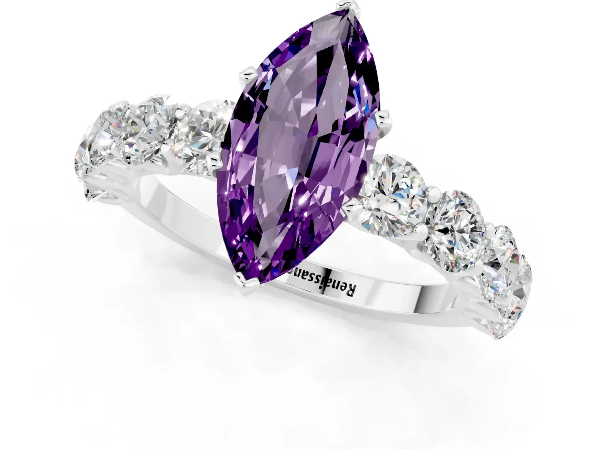 Marquise Cut Amethyst Prong Setting with Side Stones on a Pave Band Silver