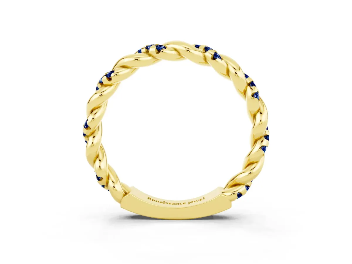 Twisted Pavé Round Blue Sapphire Eternity Band Yellow gold