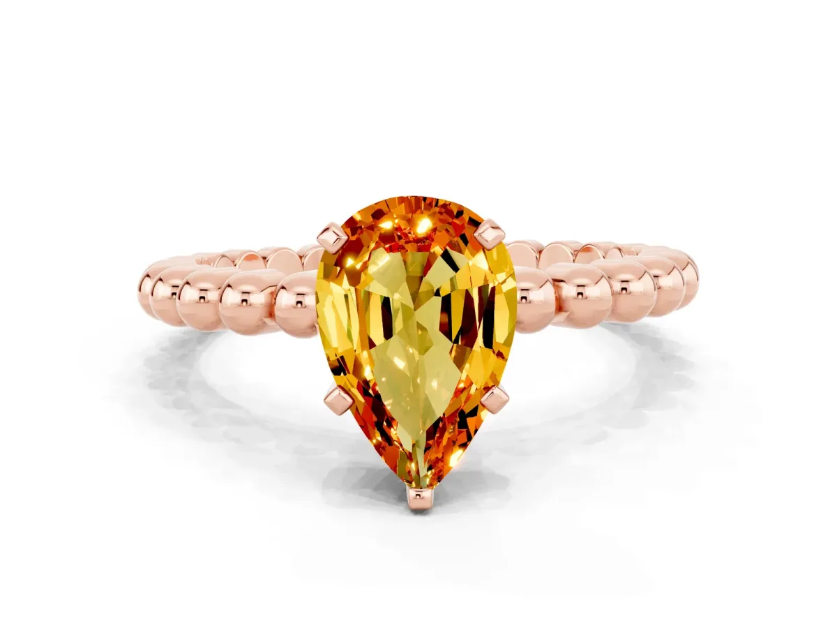 Pear Cut Citrine Solitaire Ring with Beaded Band and Prong Setting Rose gold