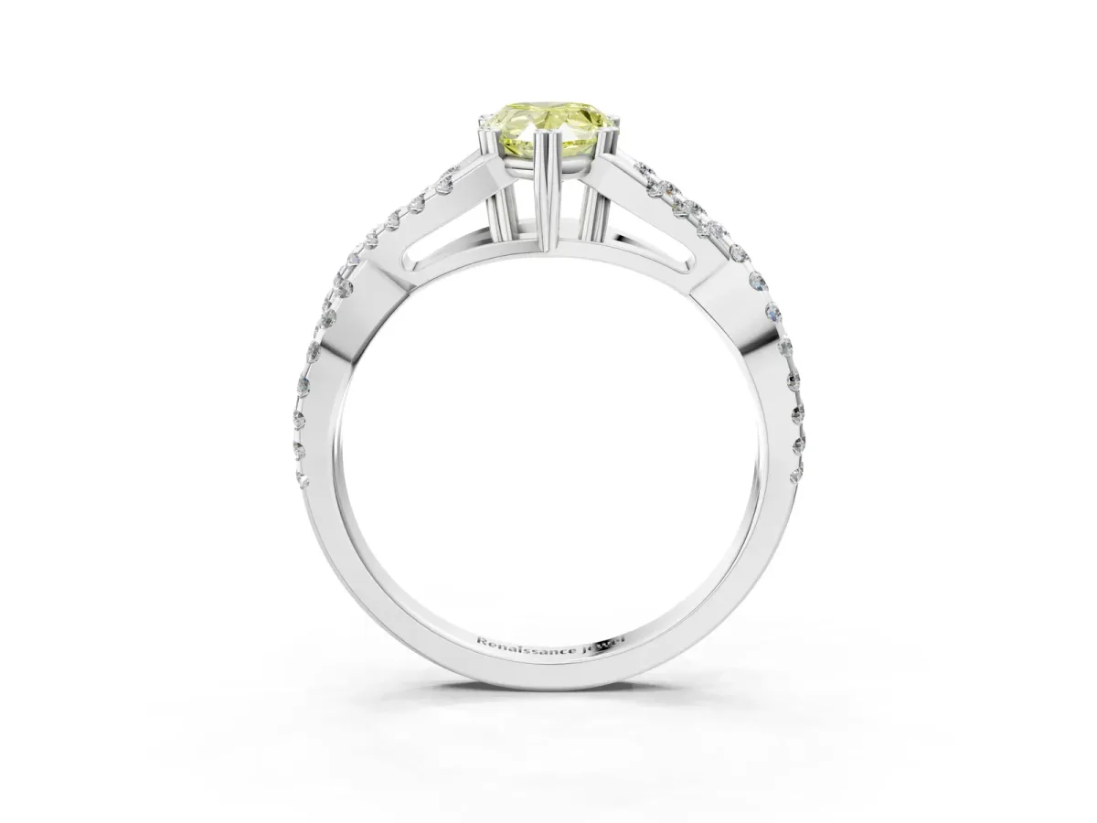 Fancy Yellow Pear Cut Diamond Solitaire Ring with Four-Prong Setting and Twisted Pavé Band Platinum