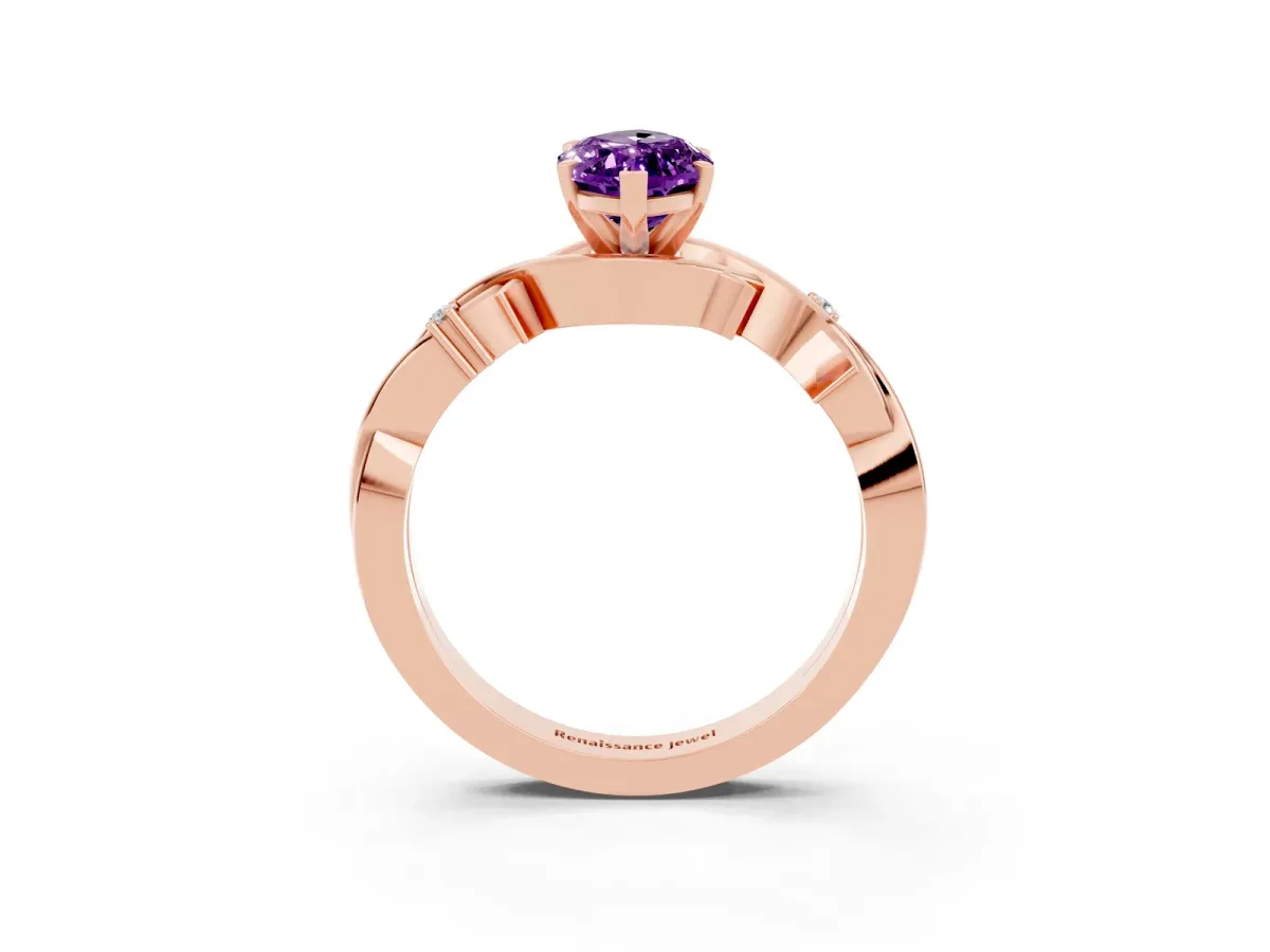 Marquise Cut Amethyst Solitaire Ring with Twisted Band and Prong Setting Rose gold