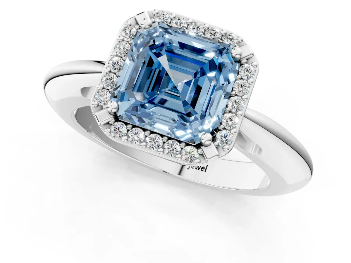 Fancy Blue Asscher Cut Cut Diamond Halo Engagement Ring with Split Shank and Four-Prong Setting Platinum