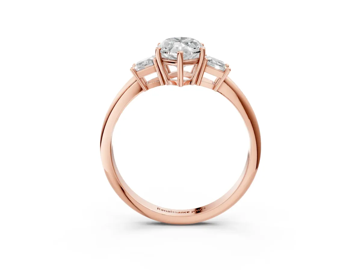 Marquise Cut Diamond Three-Stone Ring with Trapezoid Side Stones and Prong Setting Rose gold