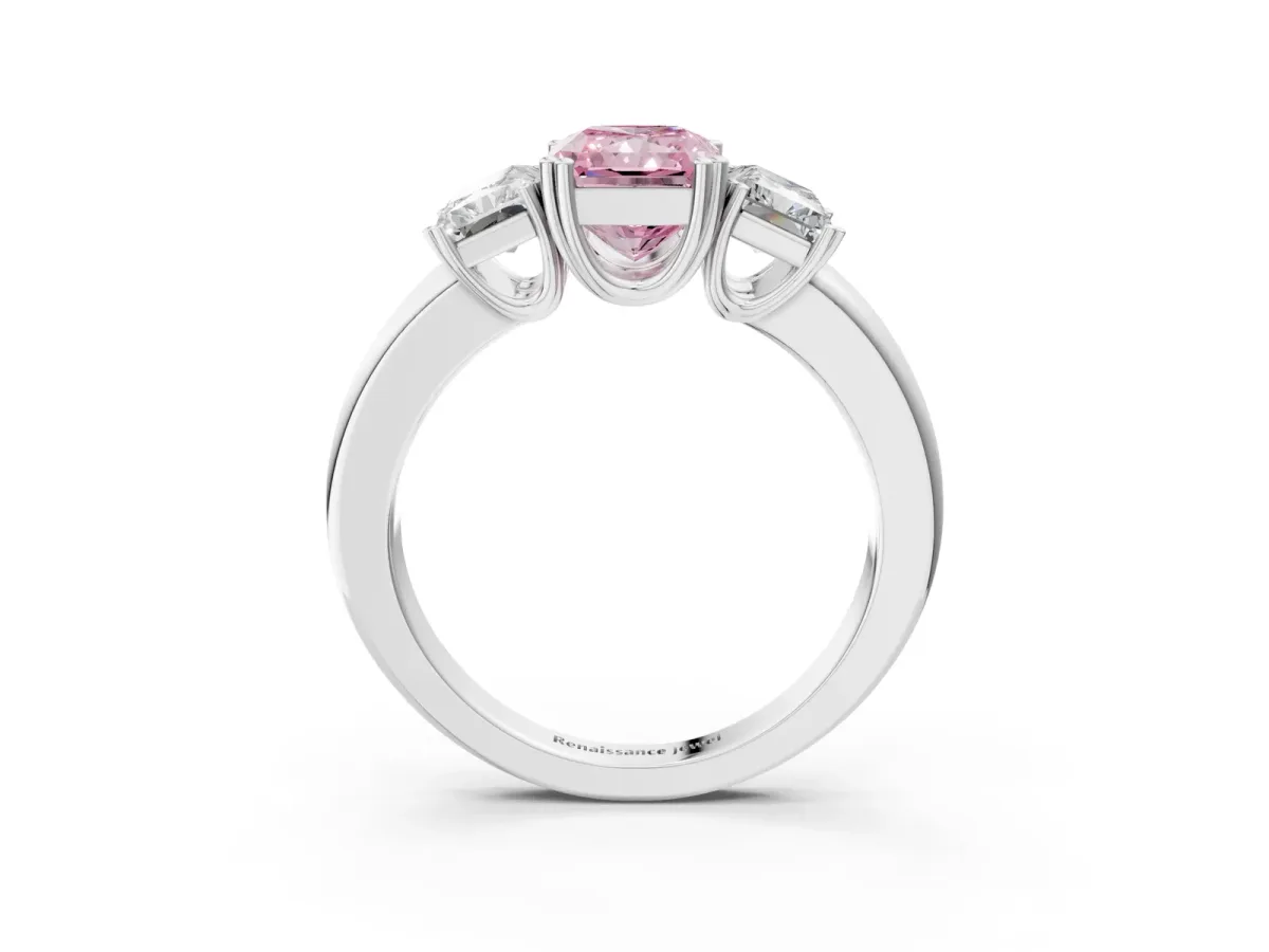 Fancy Pink Three-Stone Radiant Cut Cut Diamond Ring with Channel Set Band and Four-Prong Setting Silver