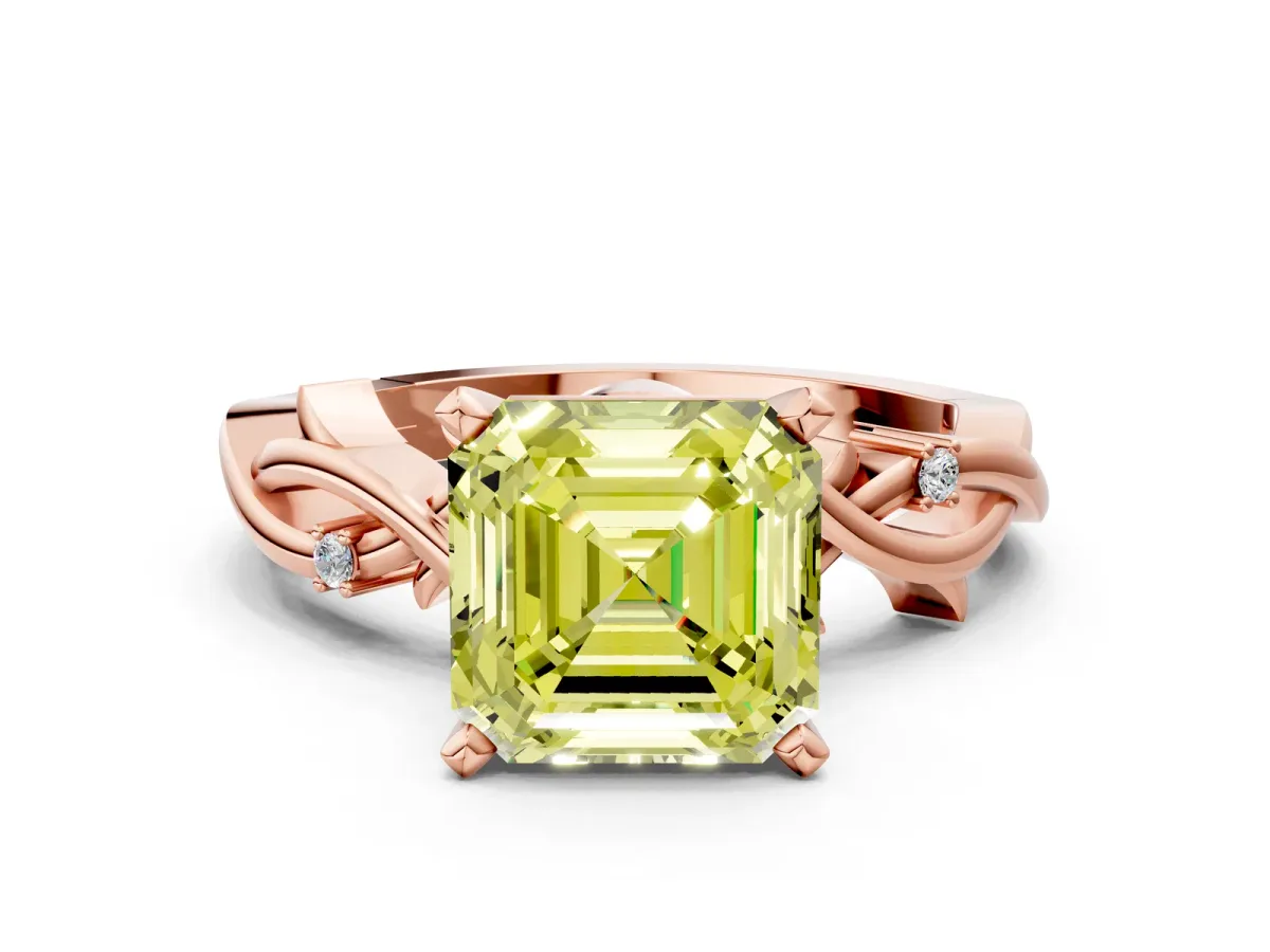 Fancy Yellow Asscher Cut Diamond Solitaire Ring with Twisted Band and Prong Setting Rose gold