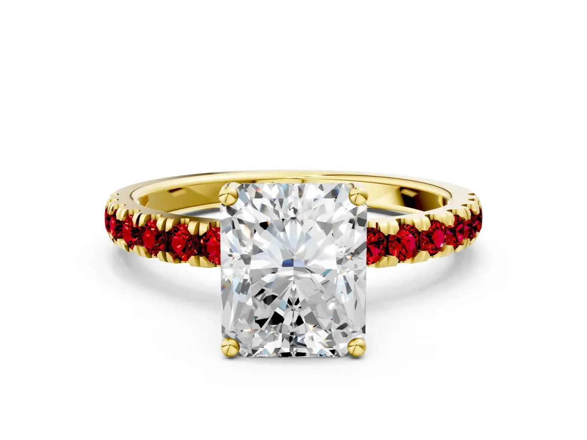 Radiant Cut Diamond Pave Band Solitaire Ring with Round Ruby and Prong Setting Yellow gold
