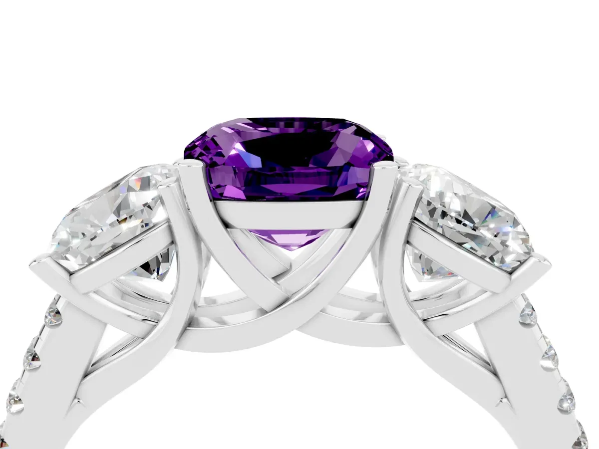 Three-Stone Cushion Cut Amethyst Ring with Round Pavé Band and Prong Setting Silver