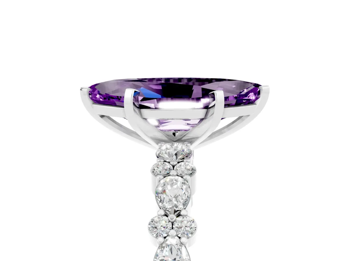 Marquise Cut Amethyst Side Stone Solitaire Ring with Round and Four-Prong Setting White gold