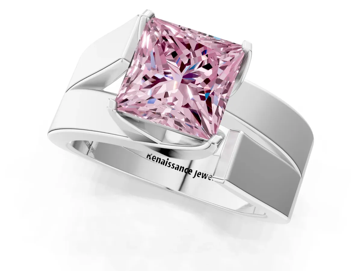 Fancy Pink Modern Tension Set Princess Cut Diamond Solitaire Wide Band Ring Silver