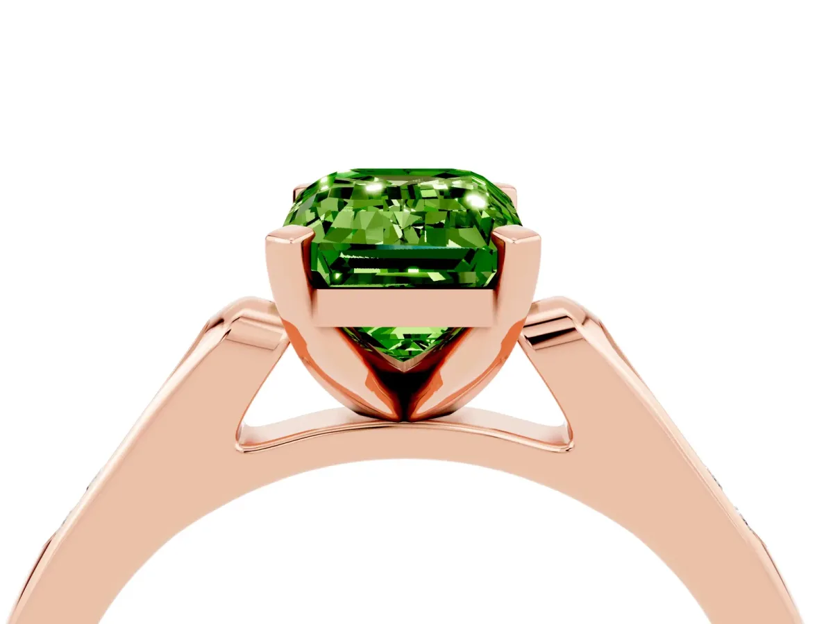 Emerald Cut Peridot Solitaire Ring with Channel Set Round Band and Prong Setting Rose gold