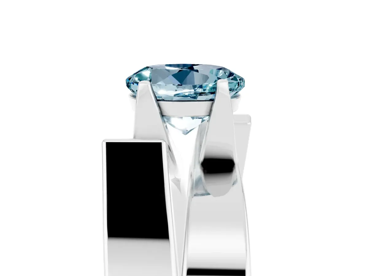 Modern Tension Set Round Cut Aquamarine Solitaire Wide Band Ring Silver