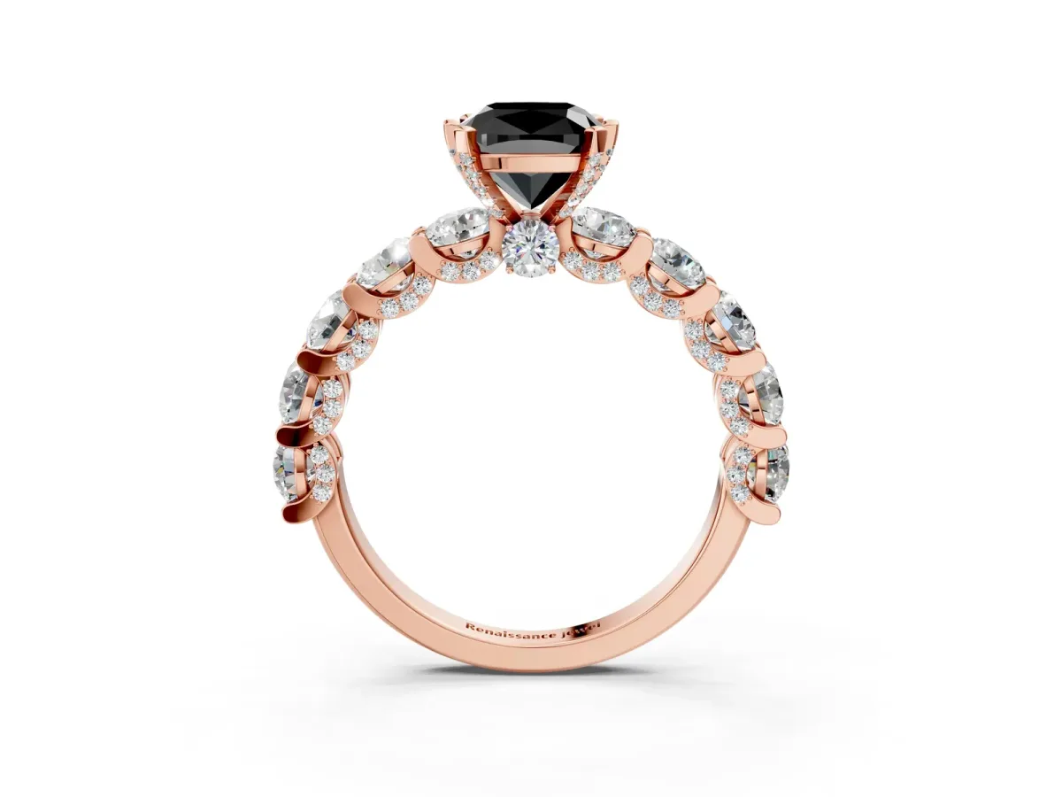 Fancy Black Cushion Cut Diamond Side Stone Engagement Ring with Four-Prong Setting Rose gold