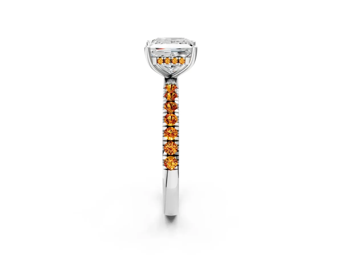 Princess Cut Diamond Pave Band Solitaire Ring with Round Citrine and Prong Setting Platinum