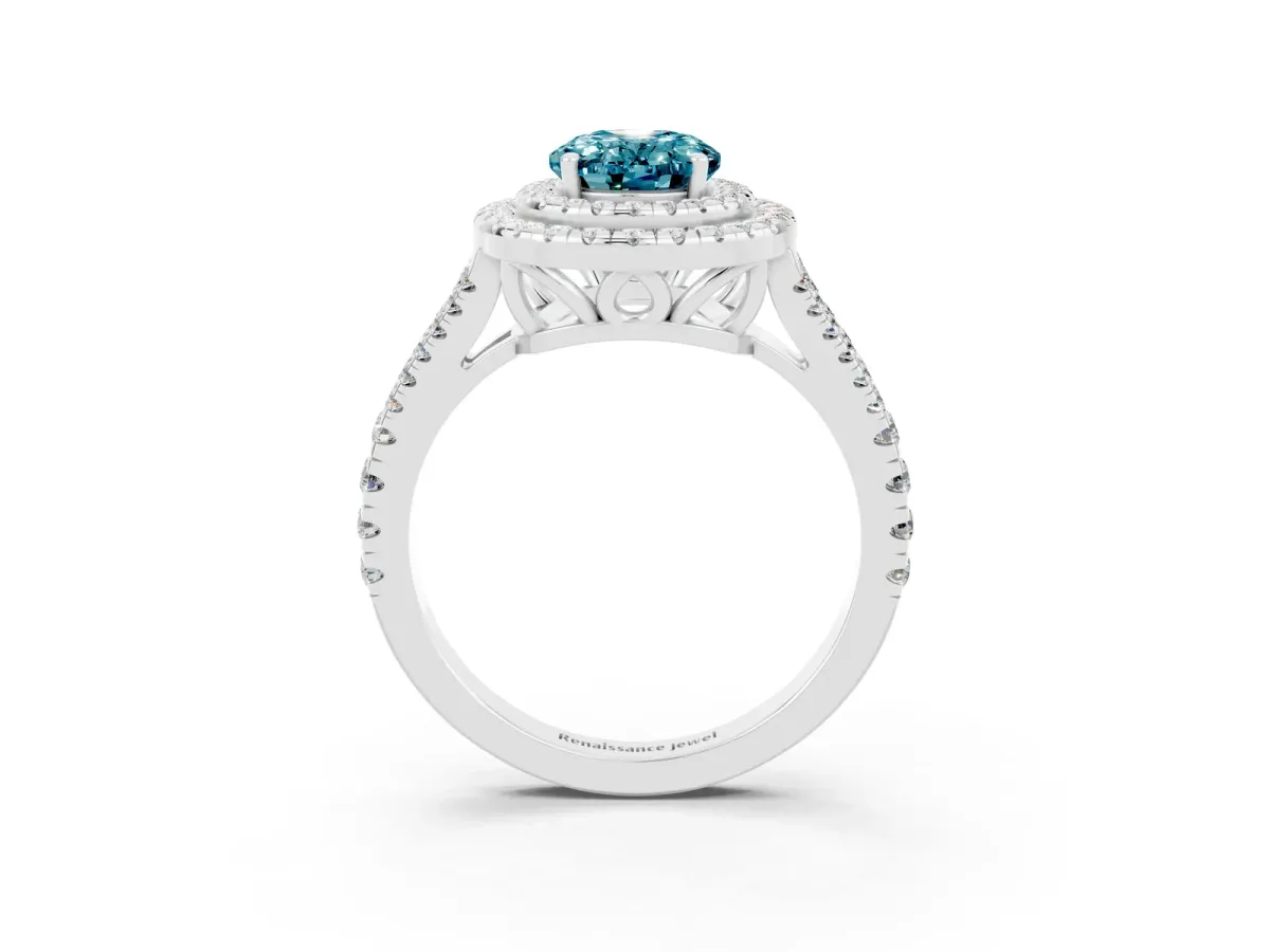 Oval Cut Blue Topaz Double Halo Ring with Pavé Band and Prong Setting Silver