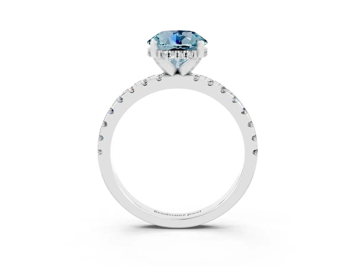 Round Cut Aquamarine Solitaire Ring with Round Pavé Band and Four-Prong Setting Silver