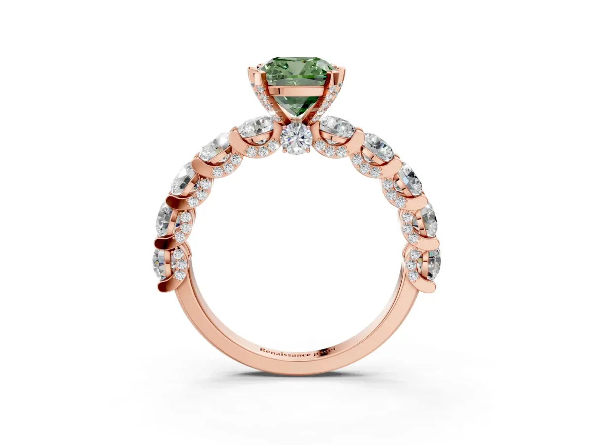 Fancy Green Cushion Cut Diamond Side Stone Engagement Ring with Four-Prong Setting Rose gold