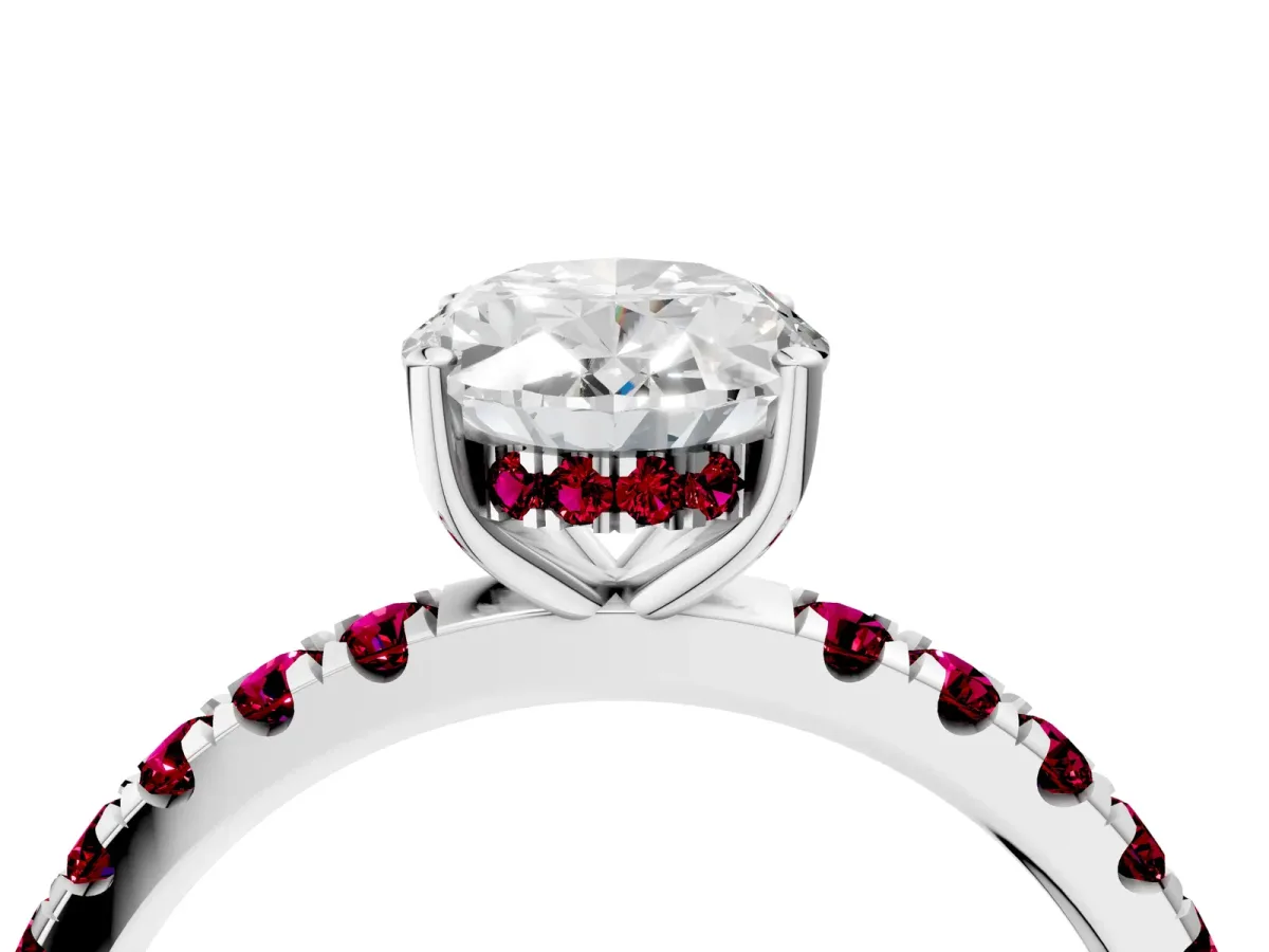 Oval Cut Diamond Pave Band Solitaire Ring with Round Garnet and Prong Setting Platinum