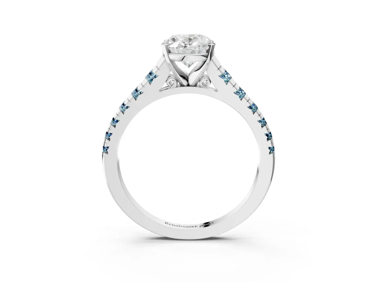 Oval Cut Diamond Cathedral Solitaire Ring with Round Aquamarine Pavé Band Silver