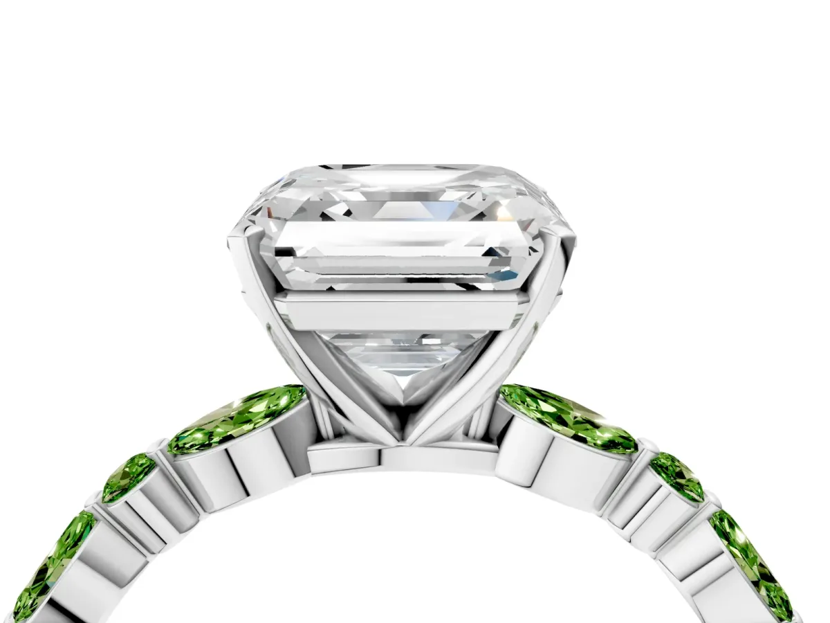 Asscher Cut Diamond Ring with Marquise and Round Peridot Side Stones and Four-Prong Setting Silver