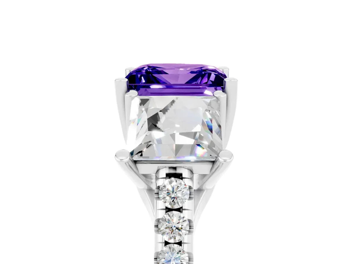 Three-Stone Princess Cut Tanzanite Ring with Round Pavé Band and Prong Setting Silver