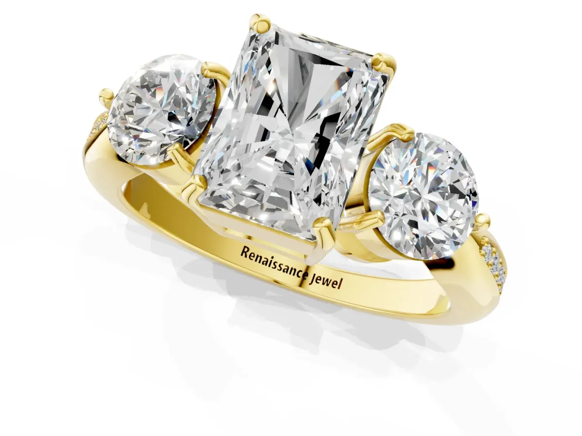 Three-Stone Radiant Cut Diamond Channel Set Engagement Ring with Prong Setting Yellow gold